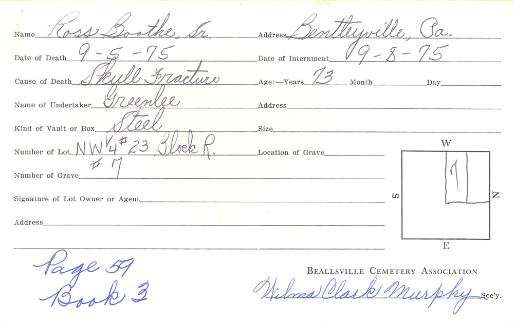 Ross Boothe Sr. burial card